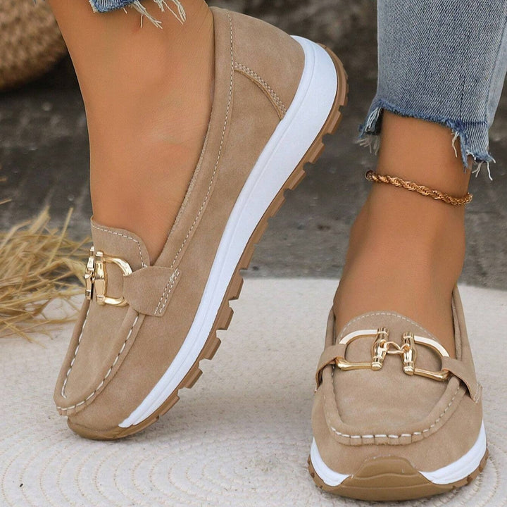 Azalea women's gold buckle comfort loafers in khaki, front view