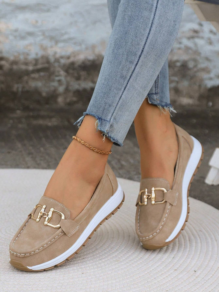 Azalea women's gold buckle comfort loafers in khaki, side profile view