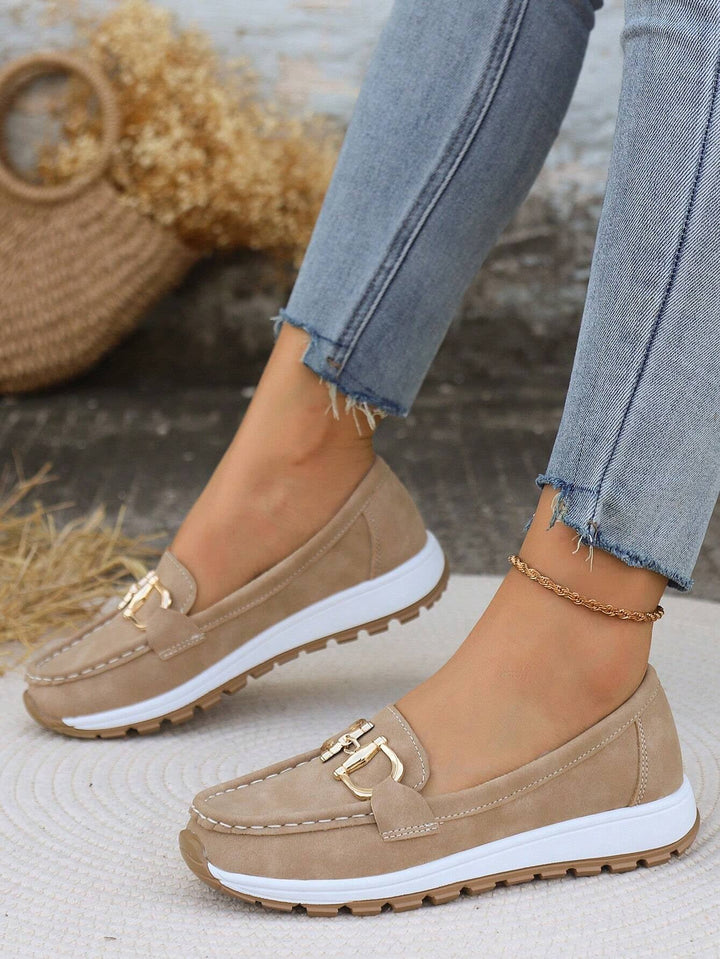 Azalea women's gold buckle comfort loafers in marine blue, front view