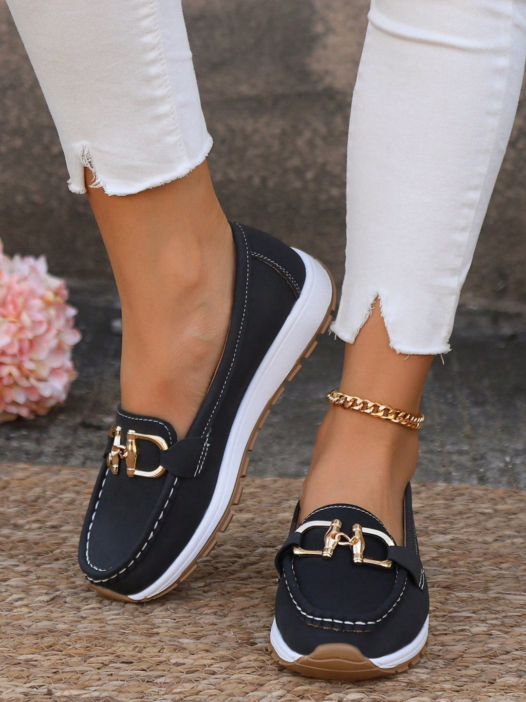 Azalea women's gold buckle comfort loafers in marine blue, side profile view