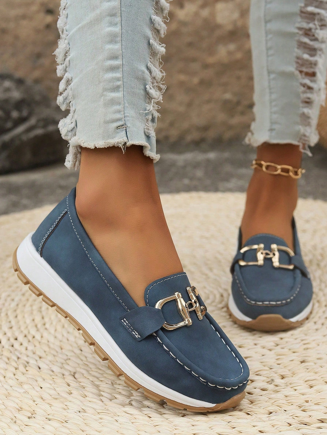 Azalea women's gold buckle comfort loafers in blue, front view