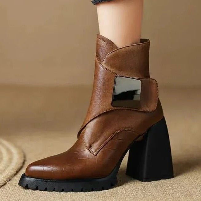 Close-up detail of the Florimay Aziel boot upper and sole in brown