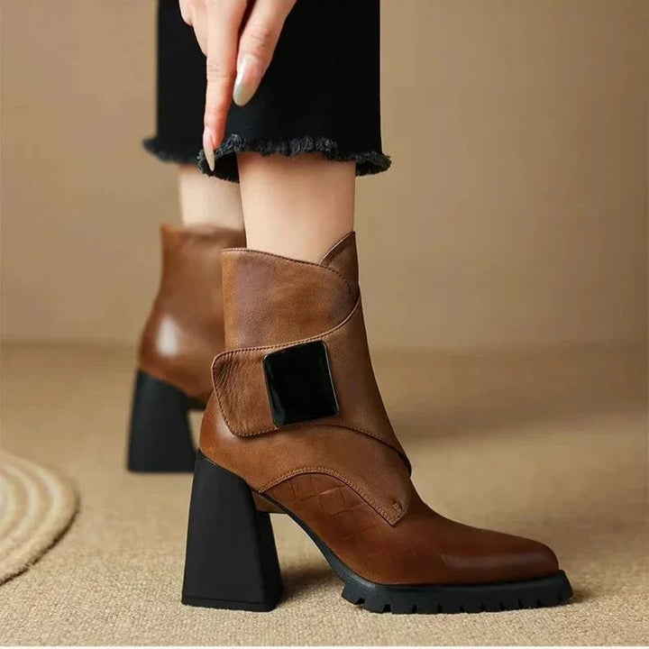 Overhead flat-lay of all three Florimay Aziel boot color options: black, brown, and khaki