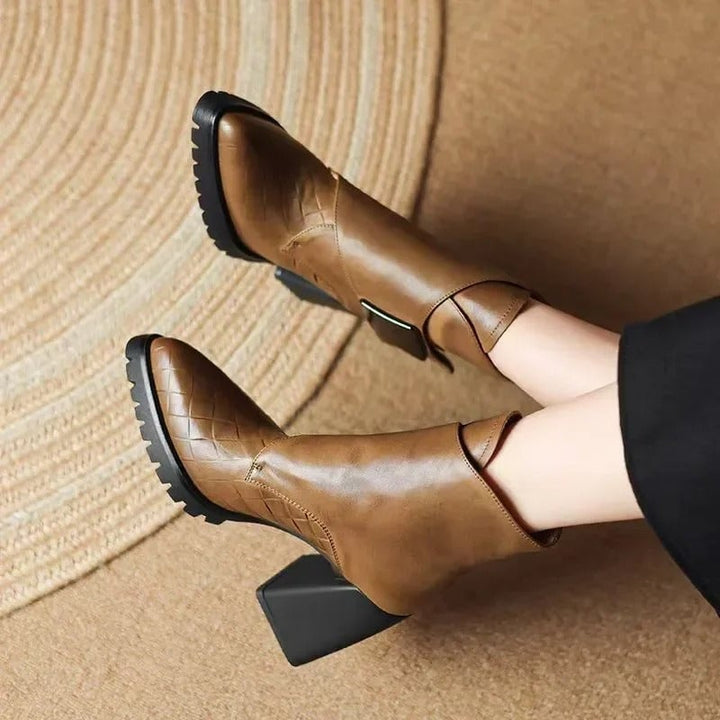 Florimay Aziel khaki boots shown from the back highlighting the heel design