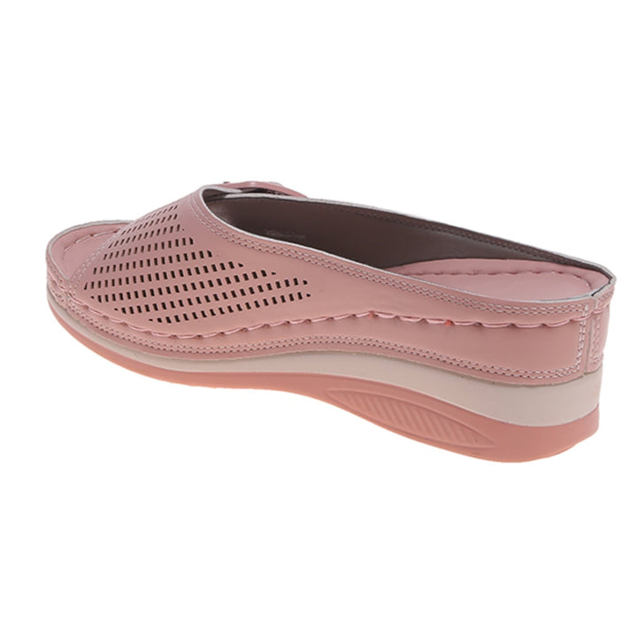 Babette orthopedic flat sandal in black shown from the side highlighting the contoured footbed