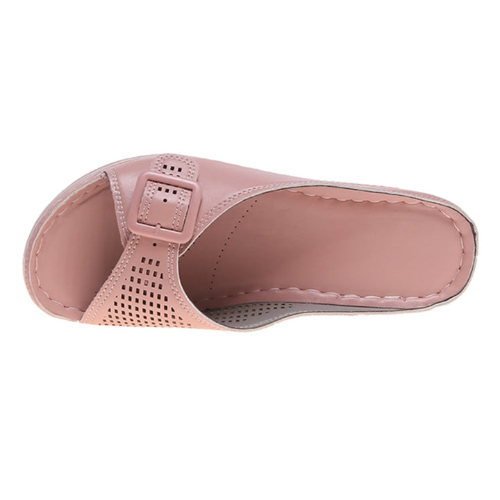 Babette orthopedic flat sandal in black shown from above displaying adjustable strap detail