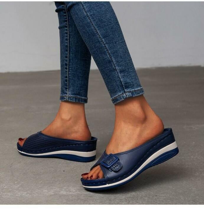 Babette orthopedic flat sandal in pink shown from above displaying adjustable strap detail