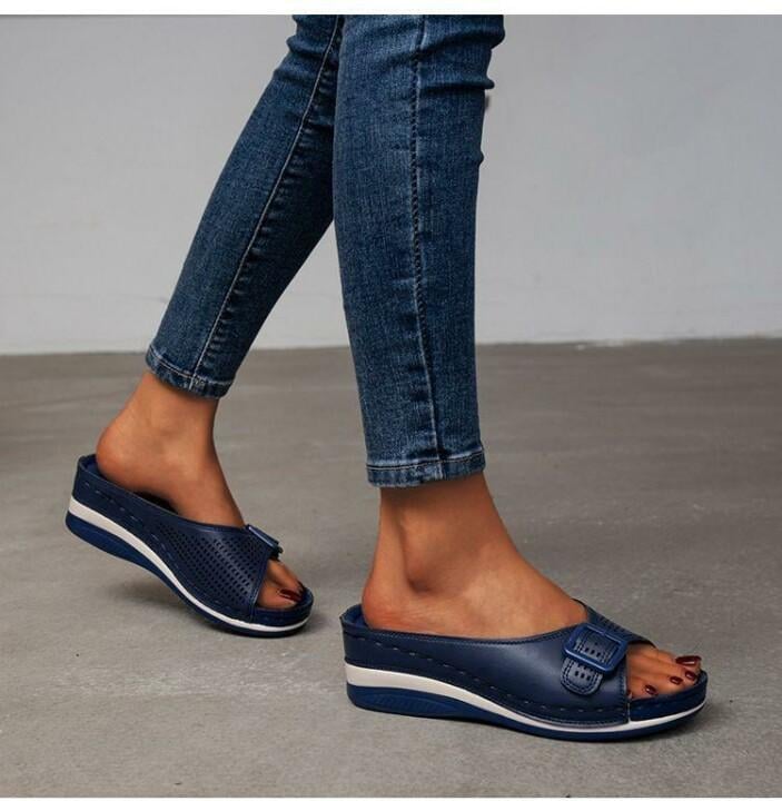 Babette orthopedic flat sandal in pink shown from the back