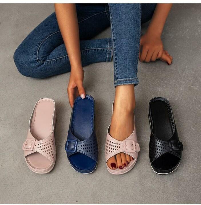 Babette orthopedic flat sandal in pink worn on foot showing fit and silhouette