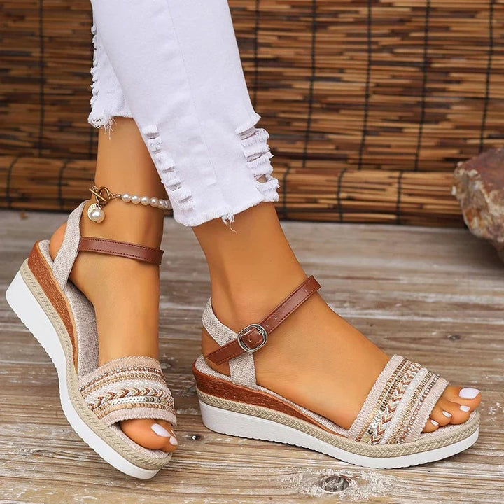 Side angle of Barbara summer sandals showing cushioned sole and adjustable ankle strap detail
