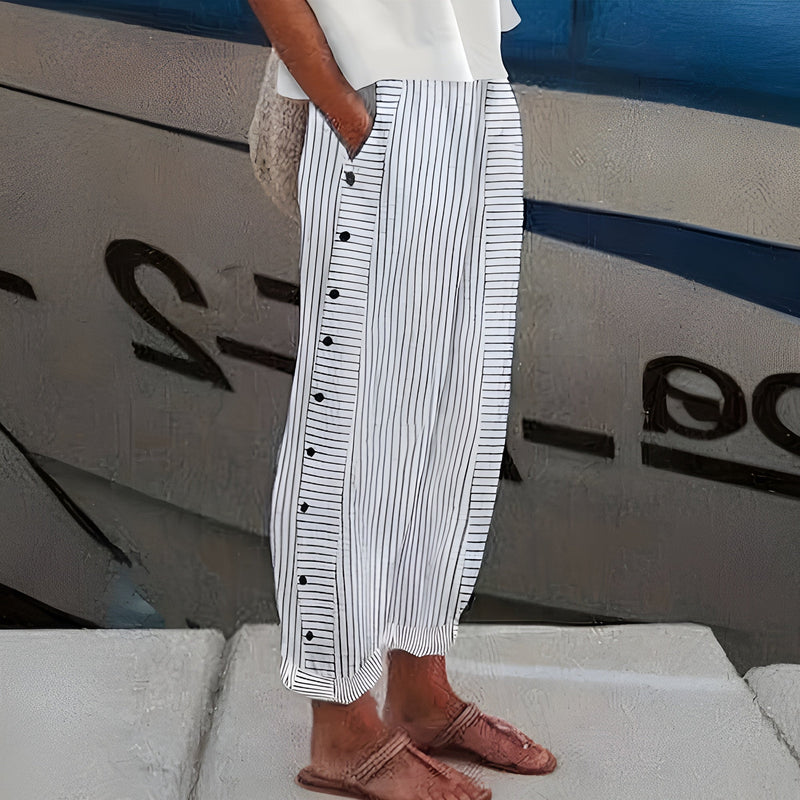 Full-length view of women's straight-leg pants styled with a casual top for an effortless everyday look