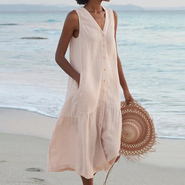 Front view of sleeveless buttoned midi dress in khaki with relaxed fit and chic button detail