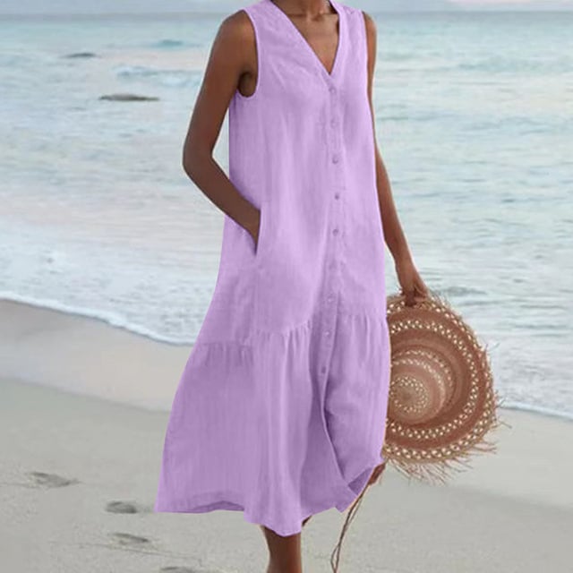Back view of sleeveless buttoned midi dress in violet showing clean, simple design