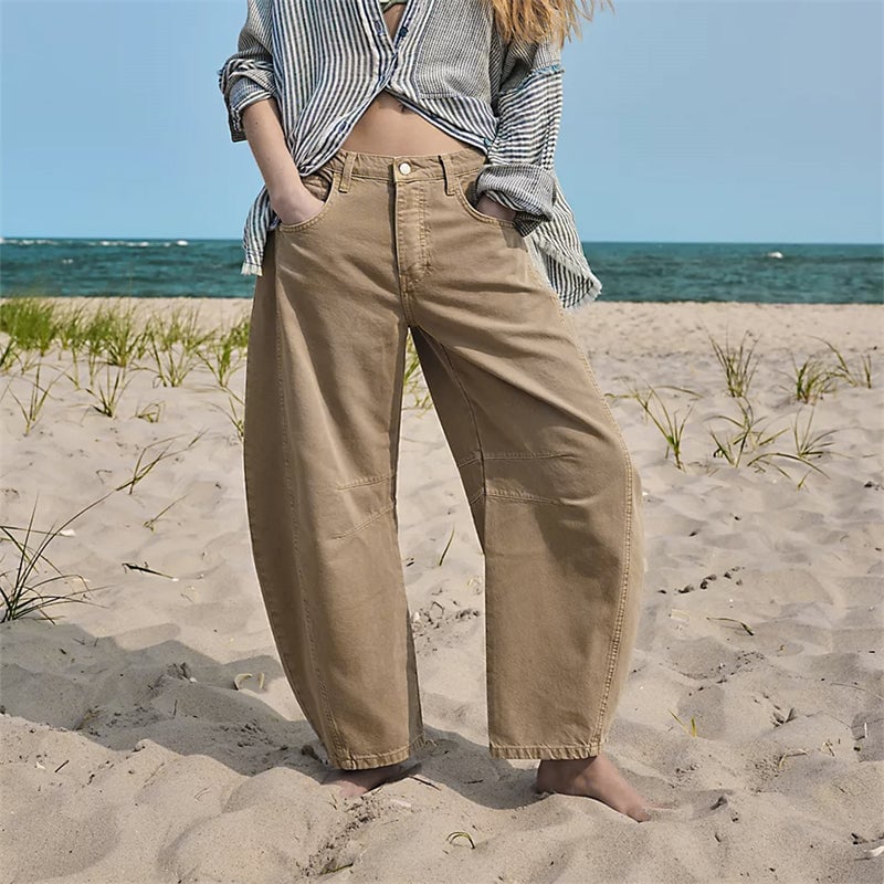 Side profile of dark blue high waist barrel leg jeans