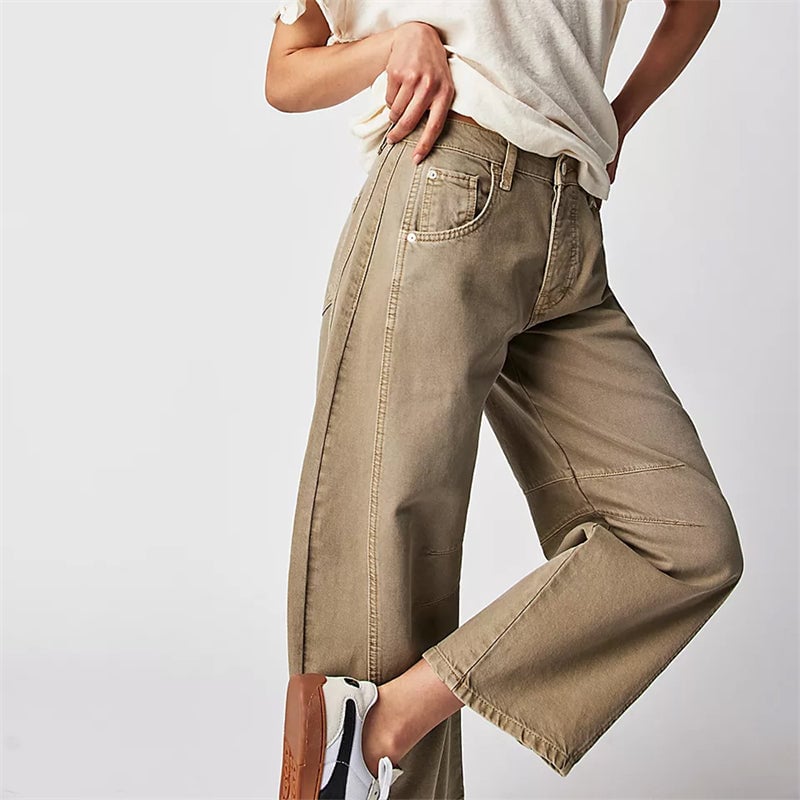 Front view of women's barrel leg jeans in white denim