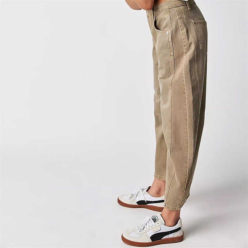 Back view of white relaxed fit barrel leg jeans