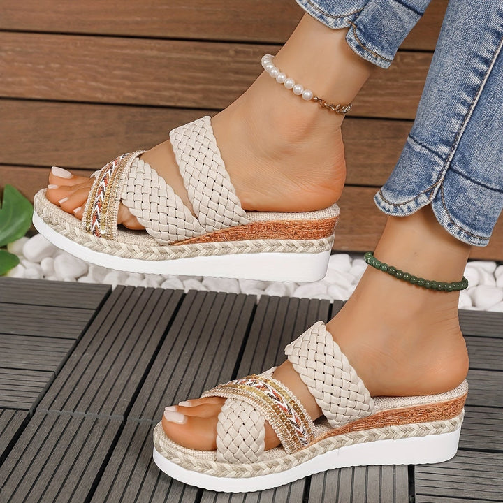 Beatrice woven sandals in beige displayed on a neutral surface showing full silhouette