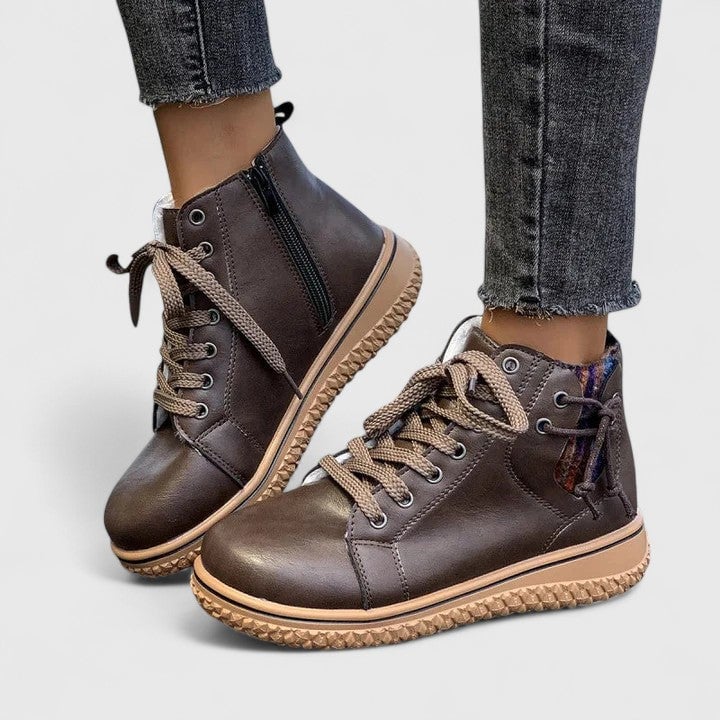 Beatrice lace-up ankle boots in brown, side profile showing zipper