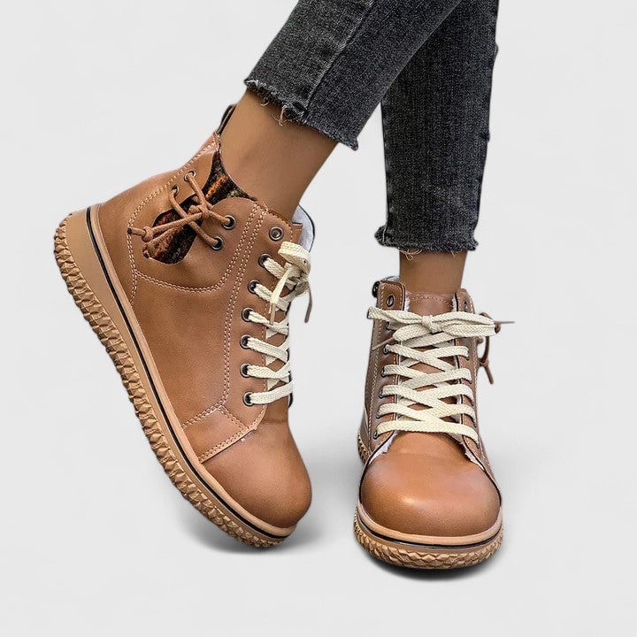 Beatrice lace-up ankle boots in light brown, side view showing block heel