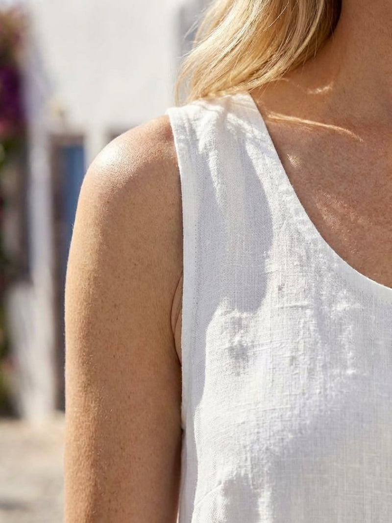 Close-up of the round neckline and fabric detail on a white relaxed maxi dress