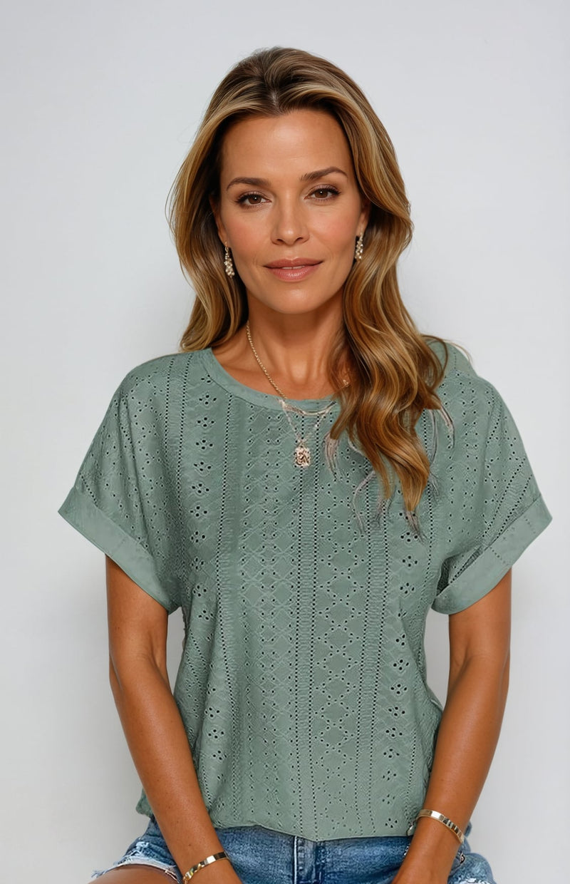 Close-up of the eyelet openwork detail on a breezy women's casual top in white