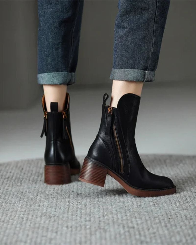 Close-up detail of Belinda ankle boot toe and sole construction in black