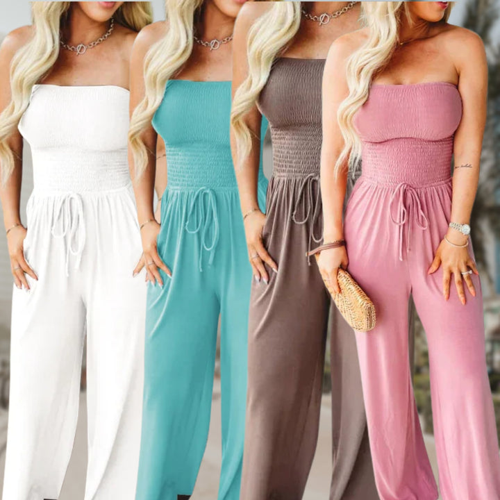 Full-length view of the off-shoulder jumpsuit in all six available colors: pink, white, brown, blue, beige, and black