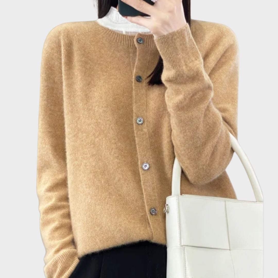 Bella cardigan in camel tones laid flat, highlighting fabric quality and clean design lines