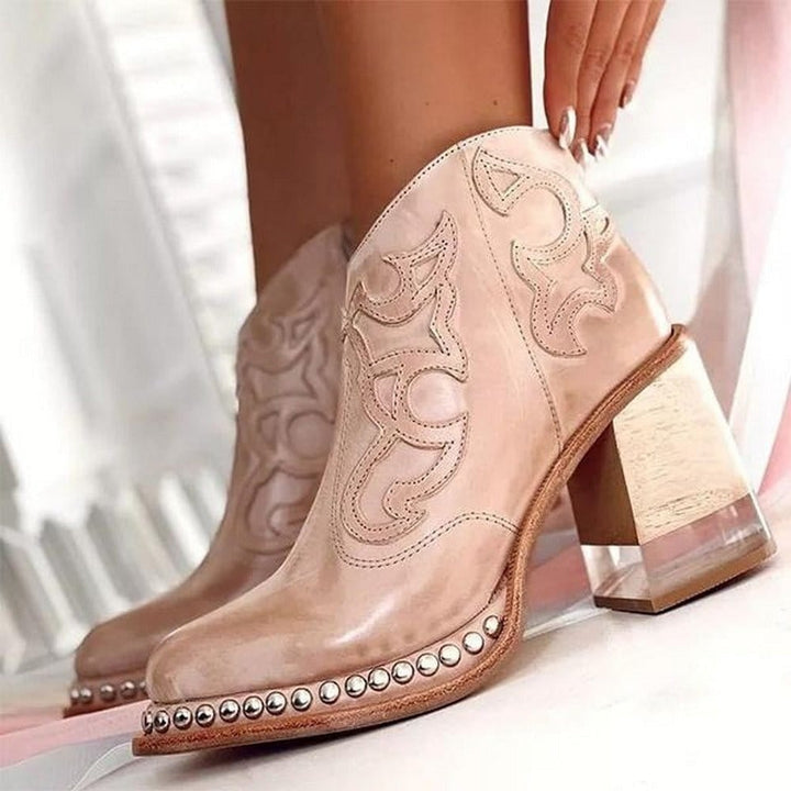 Bella western boots in Dune Pink showing mid-calf silhouette and western detailing