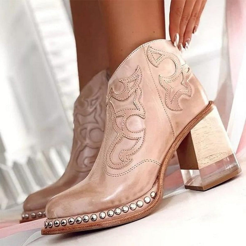 Bella western boots in Dune Pink showing mid-calf silhouette and western detailing