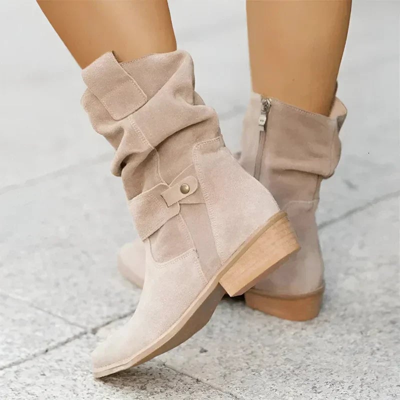 Front view of Berdine elegant mid-calf boots with soft soles in beige, shown against a clean background