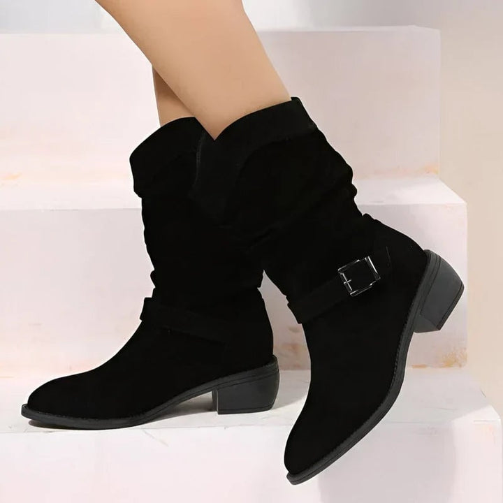 Close-up of the cushioned soft sole on Berdine elegant women's mid-calf boots in black
