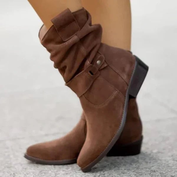 Berdine elegant boots in dark brown displayed at an angle to show the mid-calf cut and streamlined design