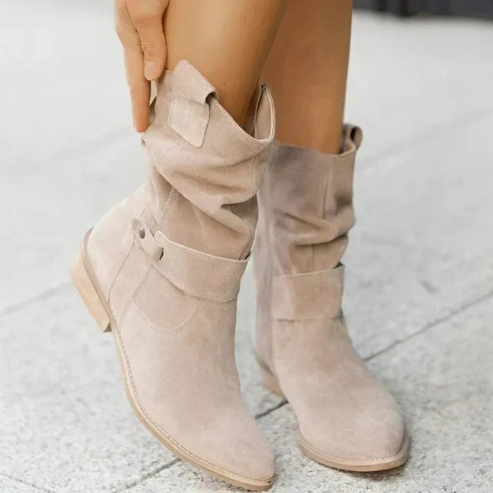 Overhead flat-lay of all four color options — beige, brown, dark brown, and black — of the Berdine elegant boots