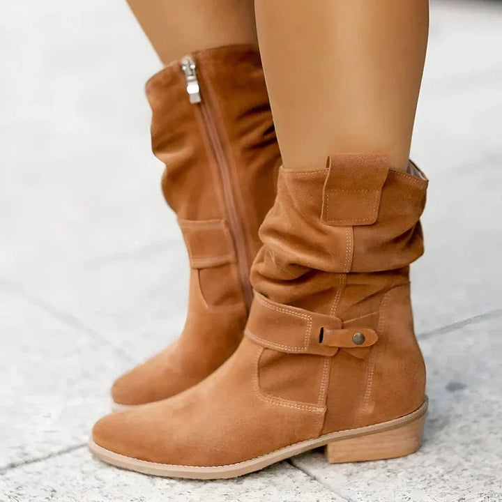 Detail shot of the upper material and finish on Berdine women's elegant soft-sole mid-calf boots