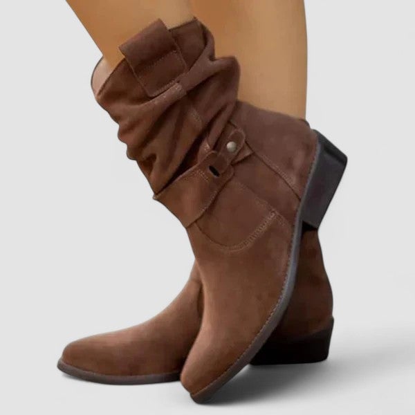 Side profile of Betha supportive boots in dark brown showcasing ankle-height cut