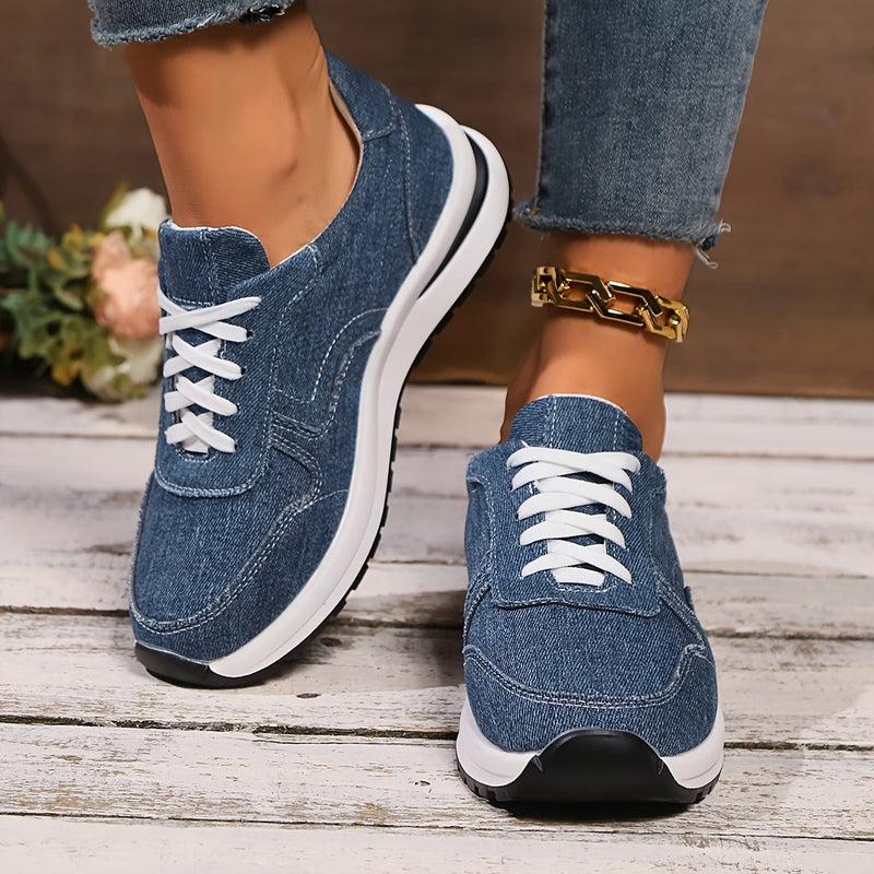 Top-down view of Betty denim orthopedic sneakers highlighting the wide toe box design
