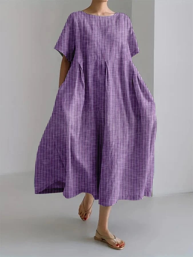 Bianca retro stripe long dress in purple displayed to show color and relaxed silhouette