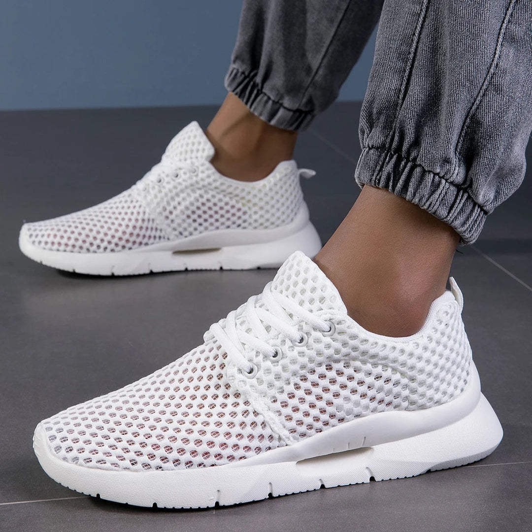 Bianca women's white mesh sneaker, front three-quarter view