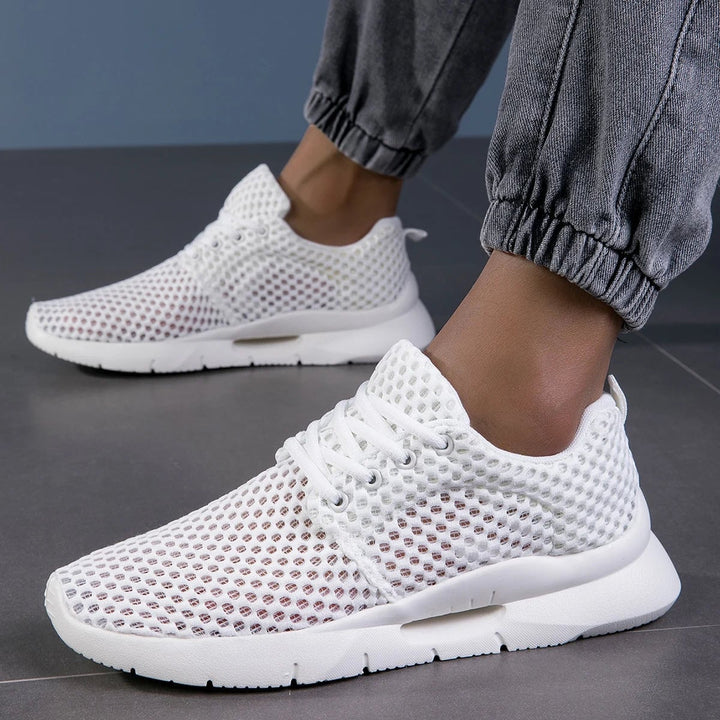 Bianca women's white mesh sneaker, front three-quarter view