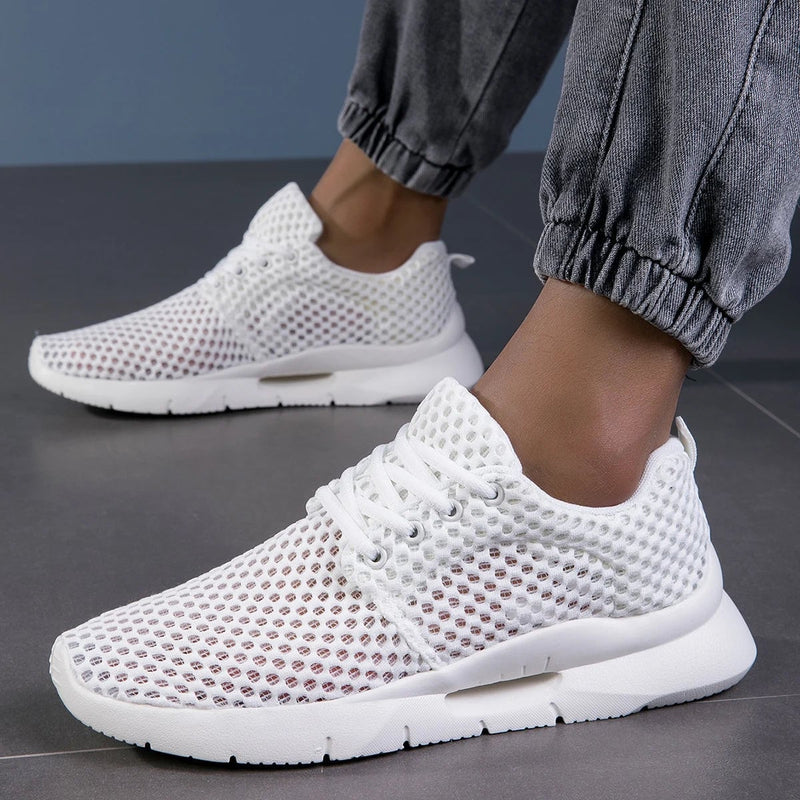 Bianca women's white mesh sneaker, front three-quarter view
