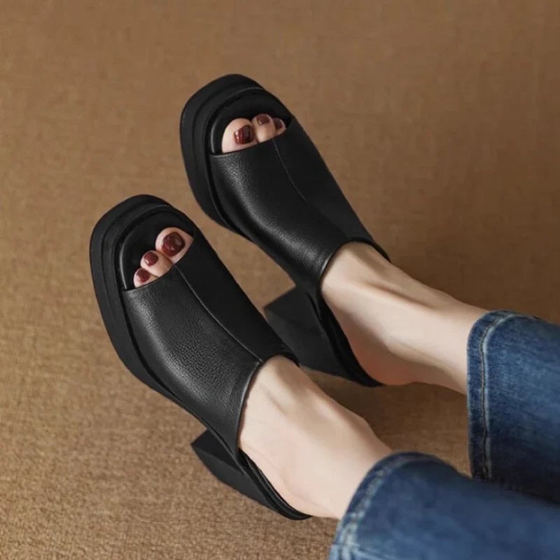 Close-up of Bianca platform sandal strap detail and cushioned insole