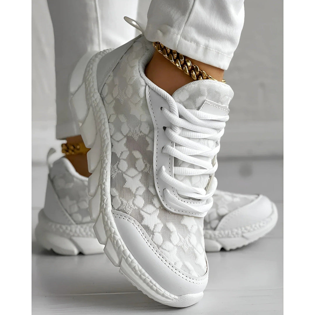 Rear view of white lace-up chunky platform sneakers highlighting the bold outsole silhouette