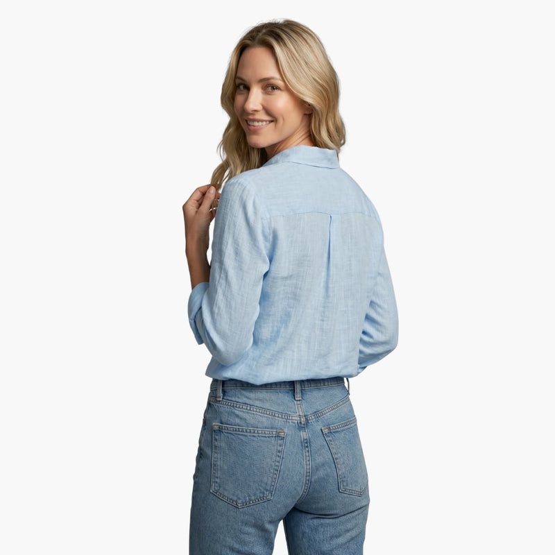 Bianca women's long sleeve button-down shirt in Light Gray, back view