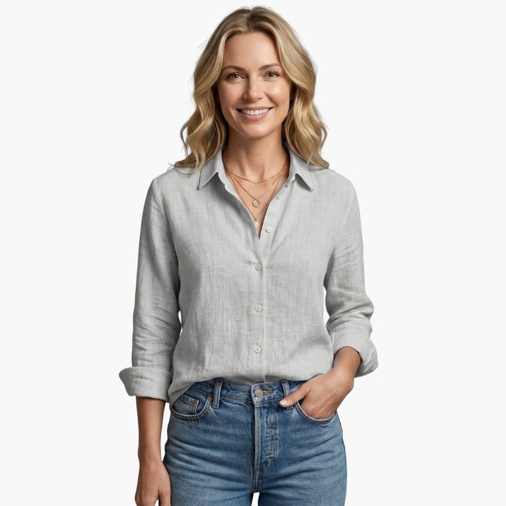 Bianca women's long sleeve button-down shirt in Yellow, back view