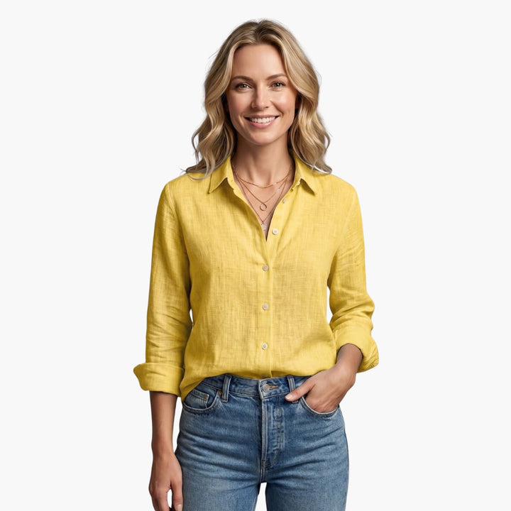 Bianca women's long sleeve button-down shirt in Navy Blue, back view