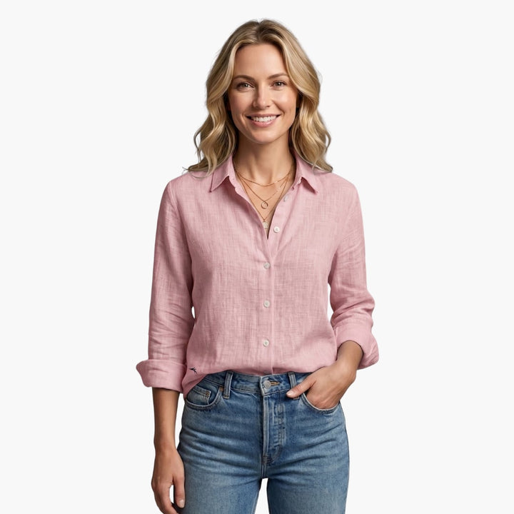 Bianca women's long sleeve button-down shirt in White, back view