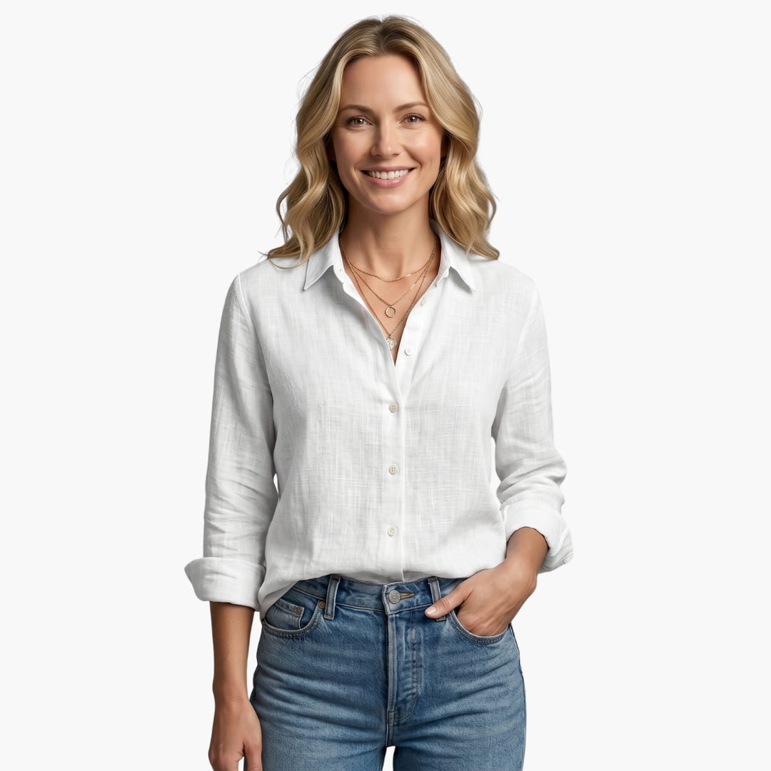 Bianca long sleeve button-down shirt lifestyle shot showing relaxed fit silhouette