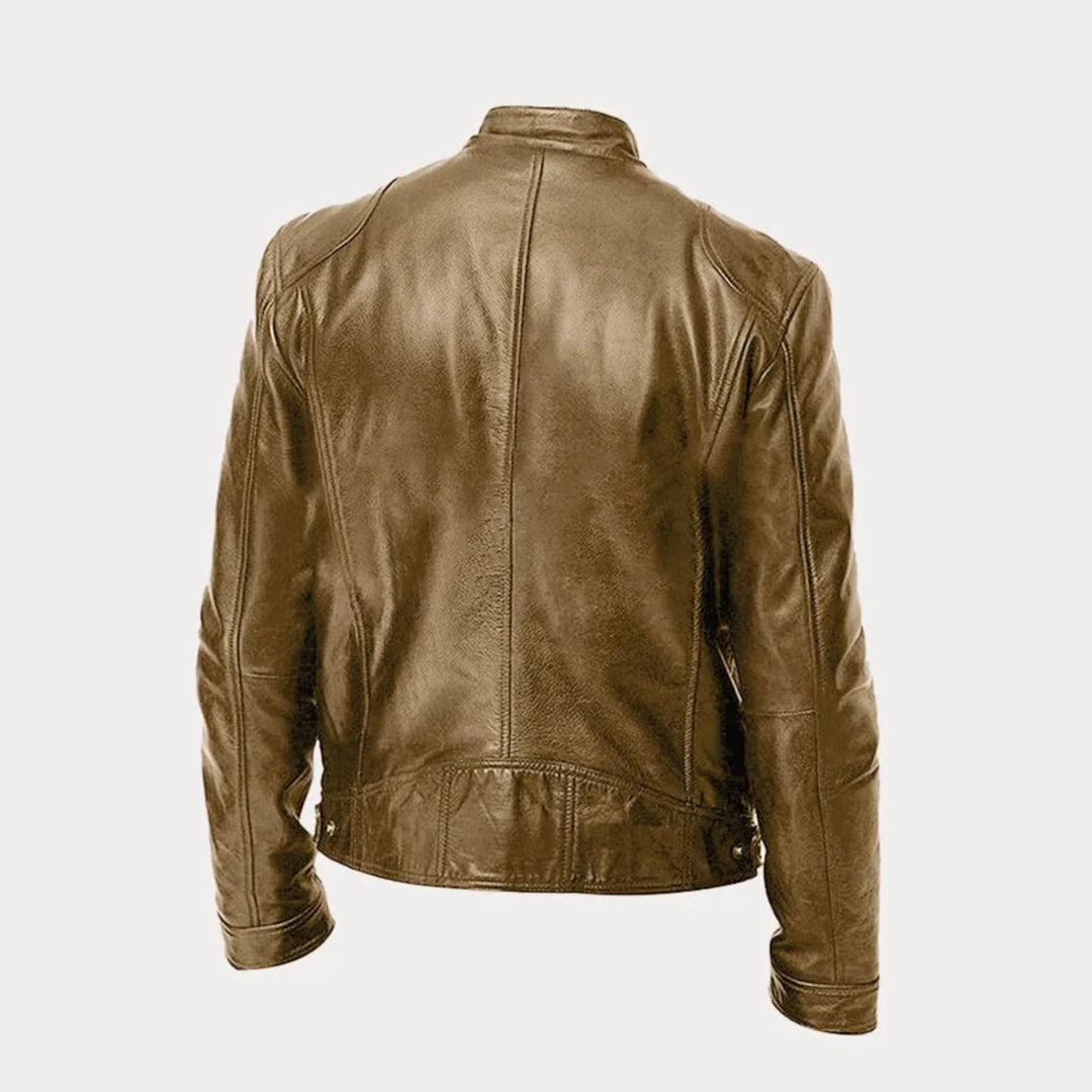 Flat lay of casual jacket showing interior lining and pocket placement