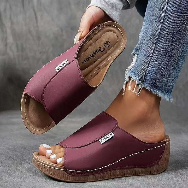 Blair women's arch support shoe in brown, side profile view highlighting adjustable strap detail